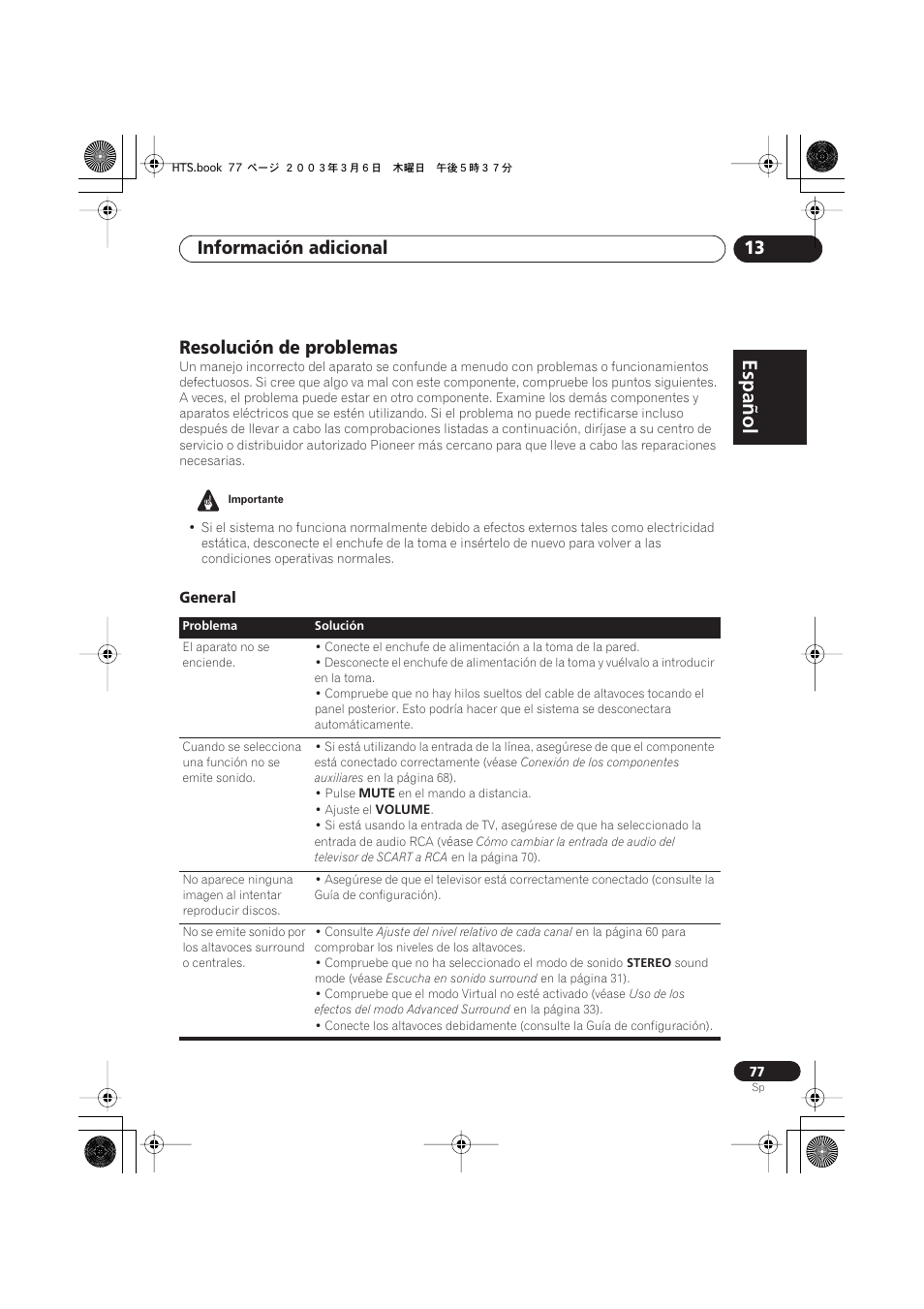 Resolución de problemas, General, Español | Italiano français, Nederlands, Español deutsch, Información adicional 13 | Pioneer DCS-313 User Manual | Page 77 / 92