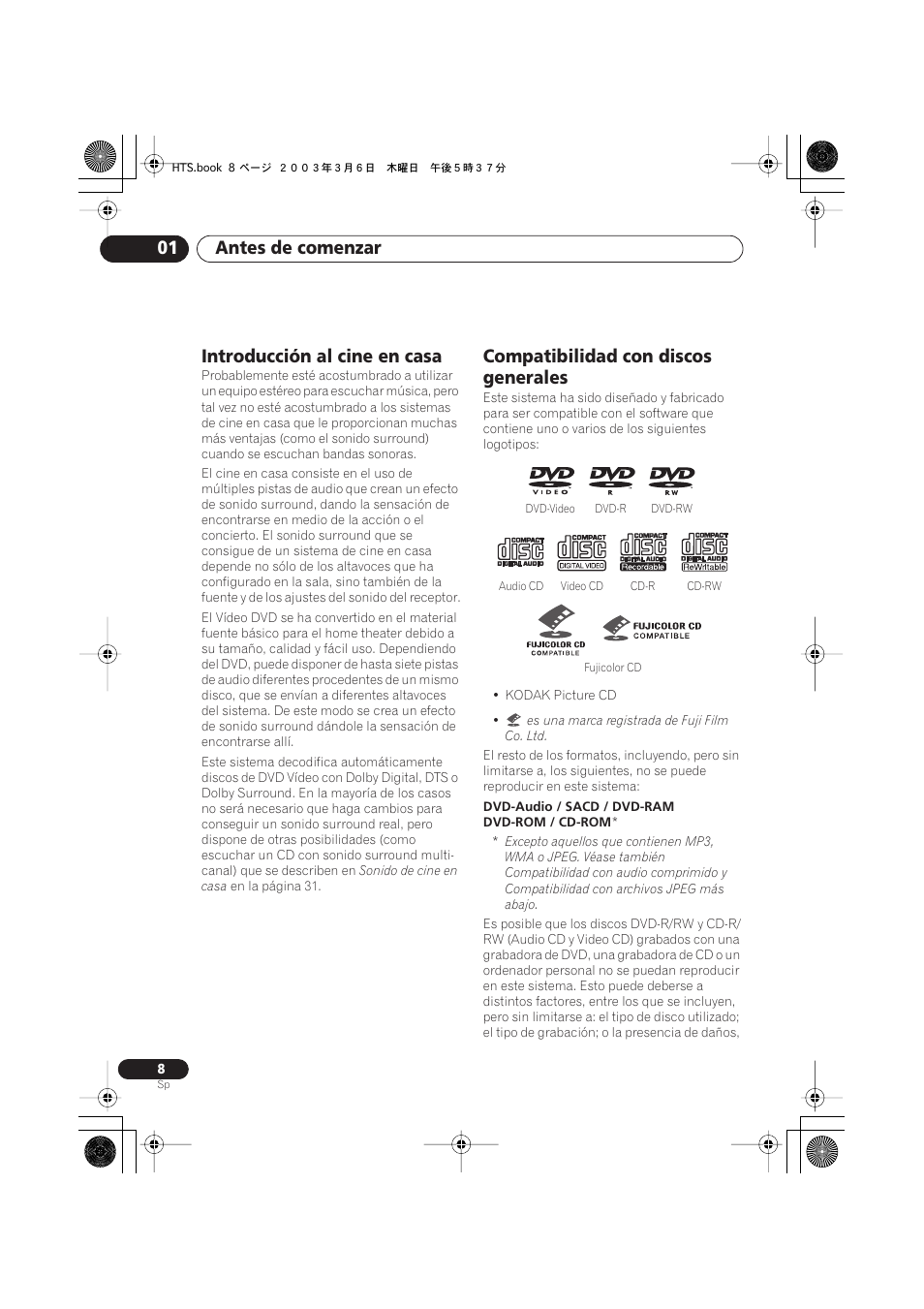 Introducción al cine en casa, Compatibilidad con discos generales, Antes de comenzar 01 | Pioneer DCS-313 User Manual | Page 8 / 92