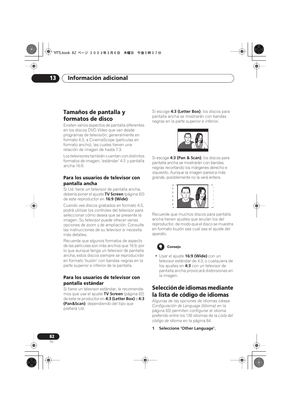 Tamaños de pantalla y formatos de disco, Para los usuarios de televisor con pantalla ancha, Información adicional 13 | Pioneer DCS-313 User Manual | Page 82 / 92