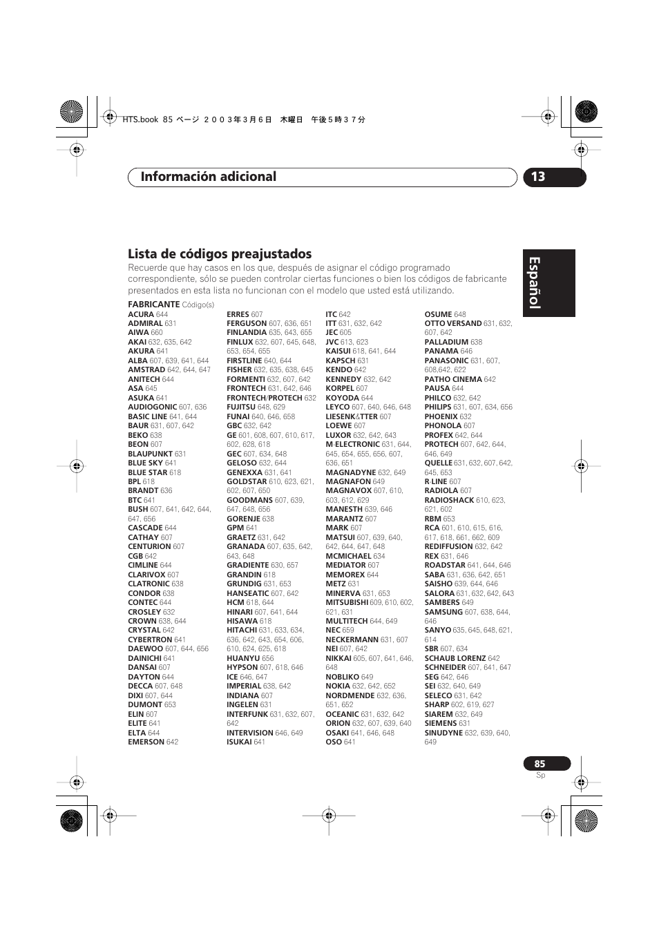 Lista de códigos preajustados, Español, Italiano français | Nederlands, Español deutsch, Información adicional 13 | Pioneer DCS-313 User Manual | Page 85 / 92