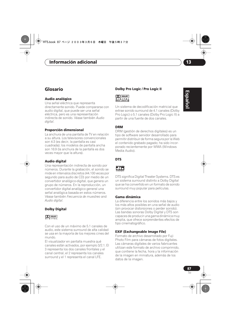 Glosario, Español, Italiano français | Nederlands, Español deutsch, Información adicional 13 | Pioneer DCS-313 User Manual | Page 87 / 92