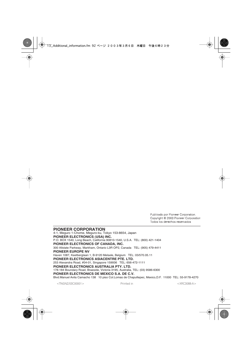Pioneer corporation | Pioneer DCS-313 User Manual | Page 92 / 92