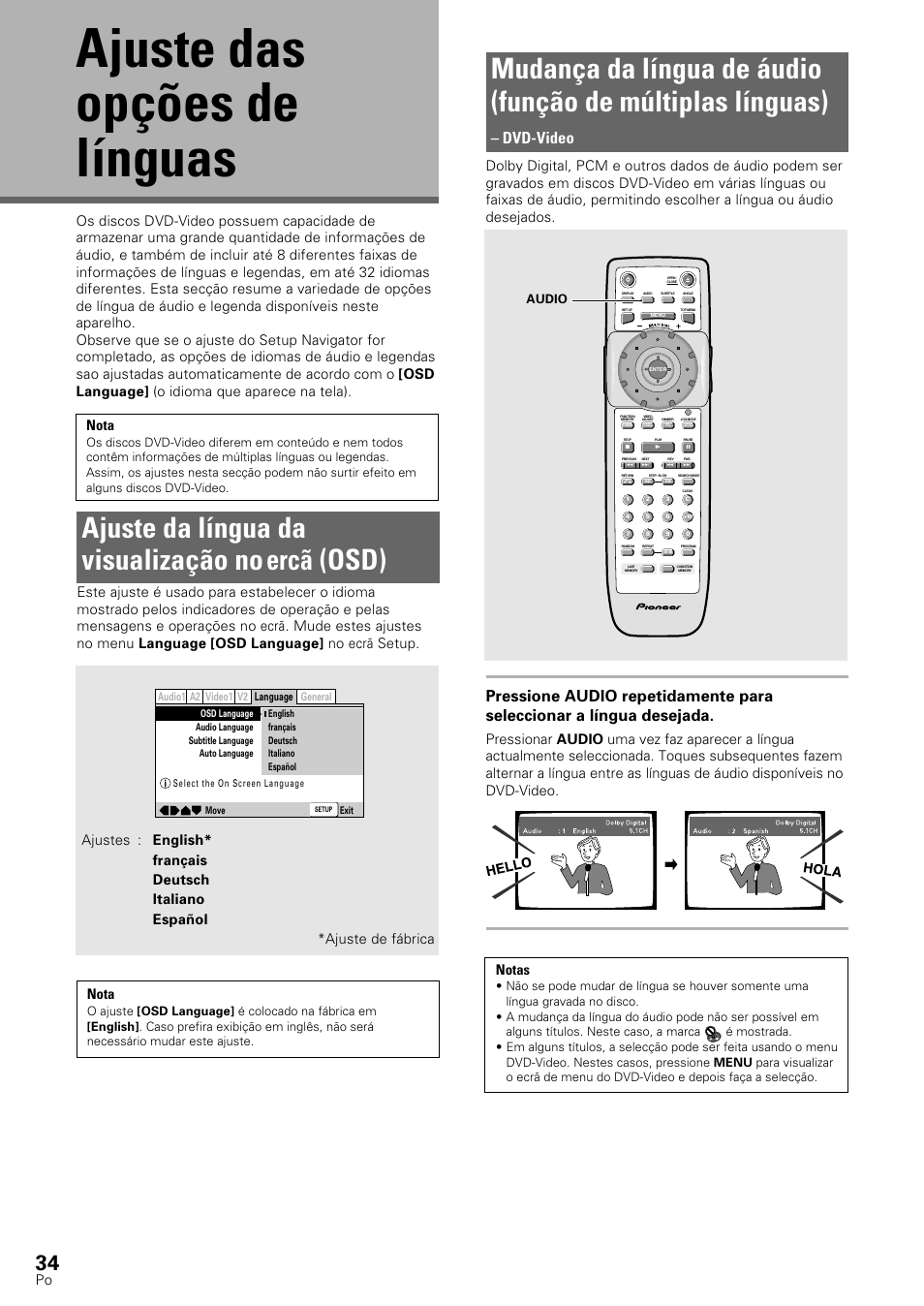 Ajuste das opções de línguas, Ajuste da língua da visualização no, Ercã (osd) | Dvd-video, Audio | Pioneer DV-545 User Manual | Page 100 / 132