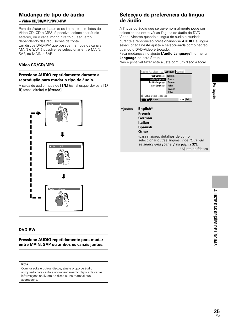 Selecção de preferência da língua de áudio, Mudança de tipo de áudio | Pioneer DV-545 User Manual | Page 101 / 132