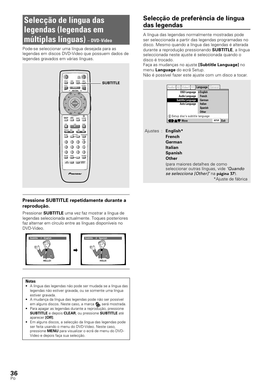 Selecção de preferência de língua das legendas, Dvd-video, Quando se selecciona [other | Na página 37 ). *ajuste de fábrica, Subtitle | Pioneer DV-545 User Manual | Page 102 / 132