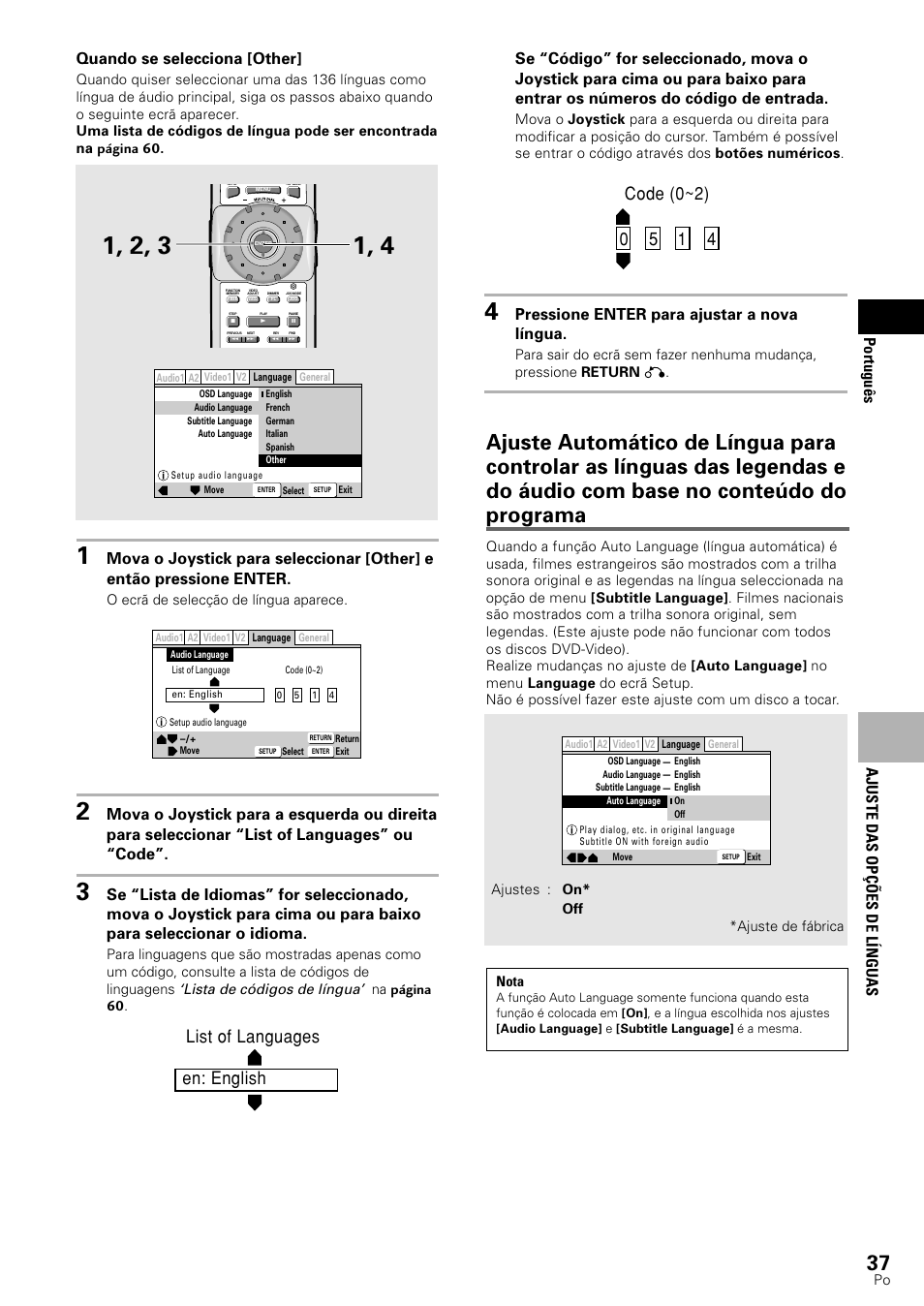 Ajuste das op çõ es de l ínguas portugu ê s, Quando se selecciona [other, Pressione enter para ajustar a nova língua | Lista de códigos de língua | Pioneer DV-545 User Manual | Page 103 / 132