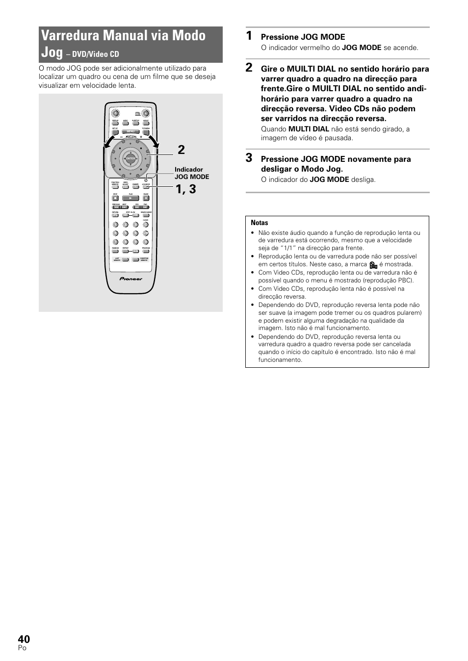 Varredura manual via modo jog, Pressione jog mode, Dvd/video cd | O indicador vermelho do jog mode se acende, O indicador do jog mode desliga. notas, Indicador jog mode | Pioneer DV-545 User Manual | Page 106 / 132
