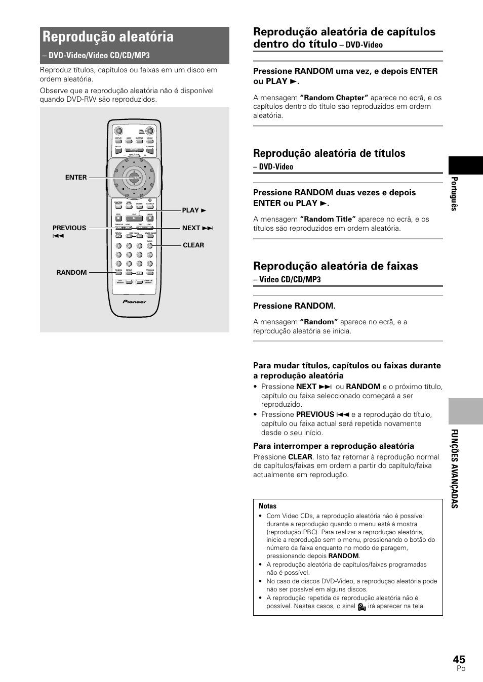 Reprodução aleatória, Reprodução aleatória de capítulos dentro do título, Reprodução aleatória de títulos | Reprodução aleatória de faixas, Fun çõ es a v an ç adas portugu ê s, Dvd-video/video cd/cd/mp3, Video cd/cd/mp3 pressione random, Para interromper a reprodução aleatória | Pioneer DV-545 User Manual | Page 111 / 132