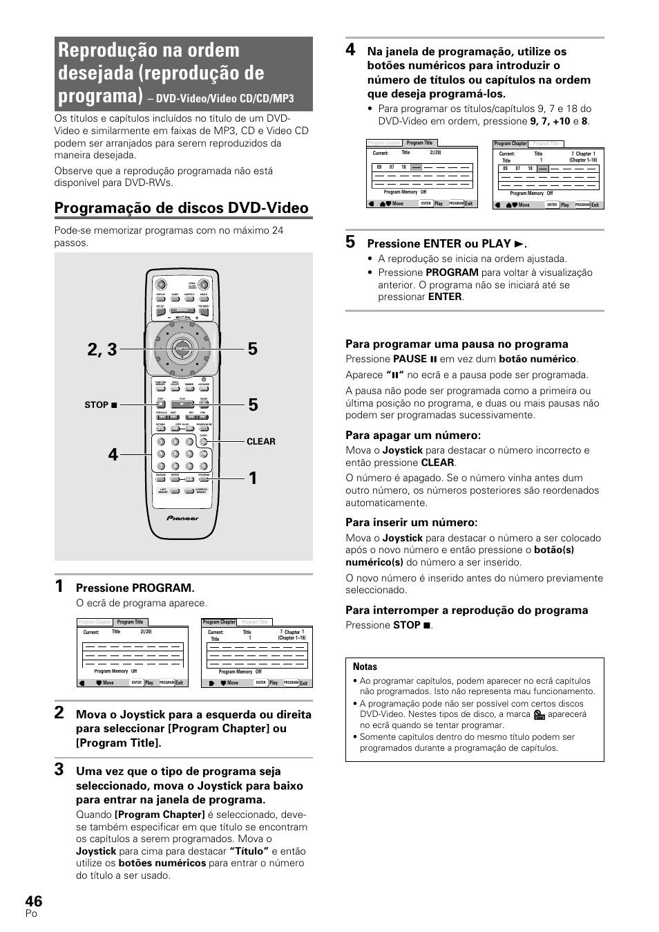 Programação de discos dvd-video, Dvd-video/video cd/cd/mp3, Pressione program | Pressione enter ou play 3, Para programar uma pausa no programa, Para apagar um número, Para inserir um número, Para interromper a reprodução do programa, O ecrã de programa aparece, Pressione stop 7. notas | Pioneer DV-545 User Manual | Page 112 / 132
