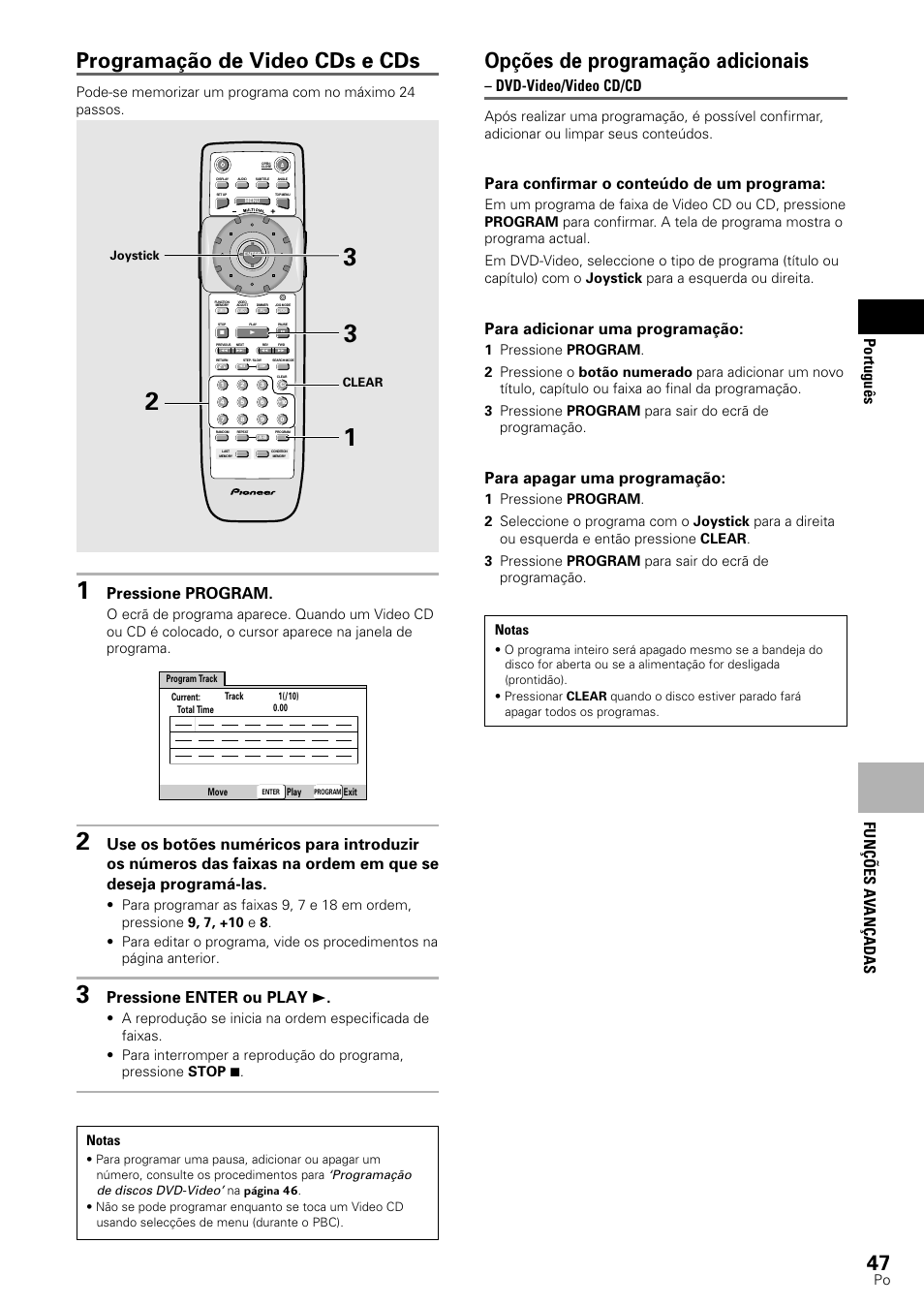 Programação de video cds e cds, Opções de programação adicionais, Fun çõ es a v an ç adas portugu ê s | Pressione program, Pressione enter ou play 3, Dvd-video/video cd/cd, Para confirmar o conteúdo de um programa, Para adicionar uma programação, Para apagar uma programação | Pioneer DV-545 User Manual | Page 113 / 132