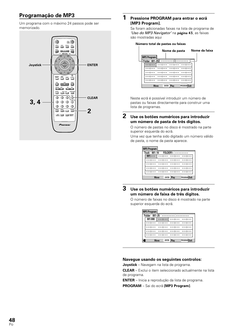 Programação de mp3, Pressione program para entrar o ecrã [mp3 program, Navegue usando os seguintes controlos | Uso do mp3 navigator | Pioneer DV-545 User Manual | Page 114 / 132