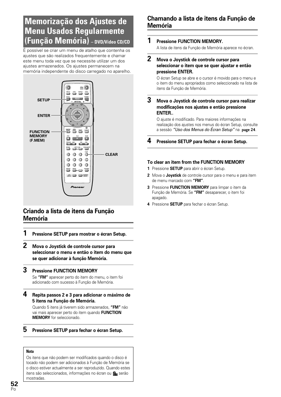 Criando a lista de itens da função memória, Chamando a lista de itens da função de memória, Pressione setup para mostrar o écran setup | Pressione setup para fechar o écran setup, Dvd/video cd/cd, Uso dos menus do écran setup, Na page 24 | Pioneer DV-545 User Manual | Page 118 / 132