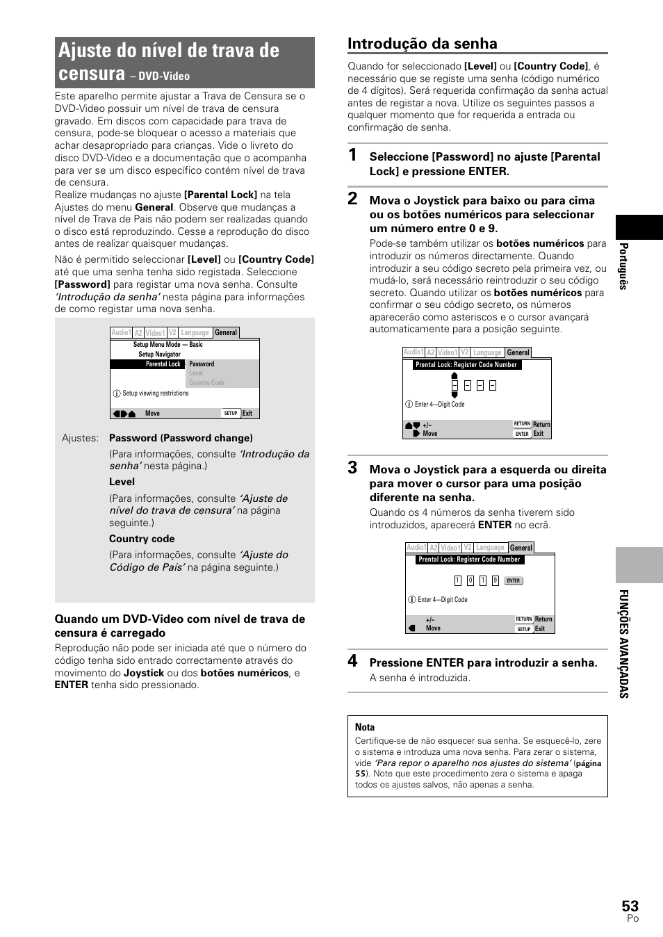 Ajuste do nível de trava de censura, Introdução da senha | Pioneer DV-545 User Manual | Page 119 / 132