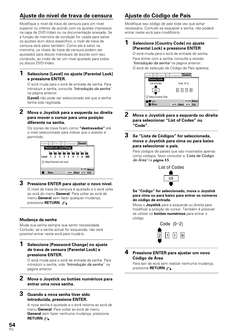 Ajuste do nível de trava de censura, Ajuste do código de país | Pioneer DV-545 User Manual | Page 120 / 132