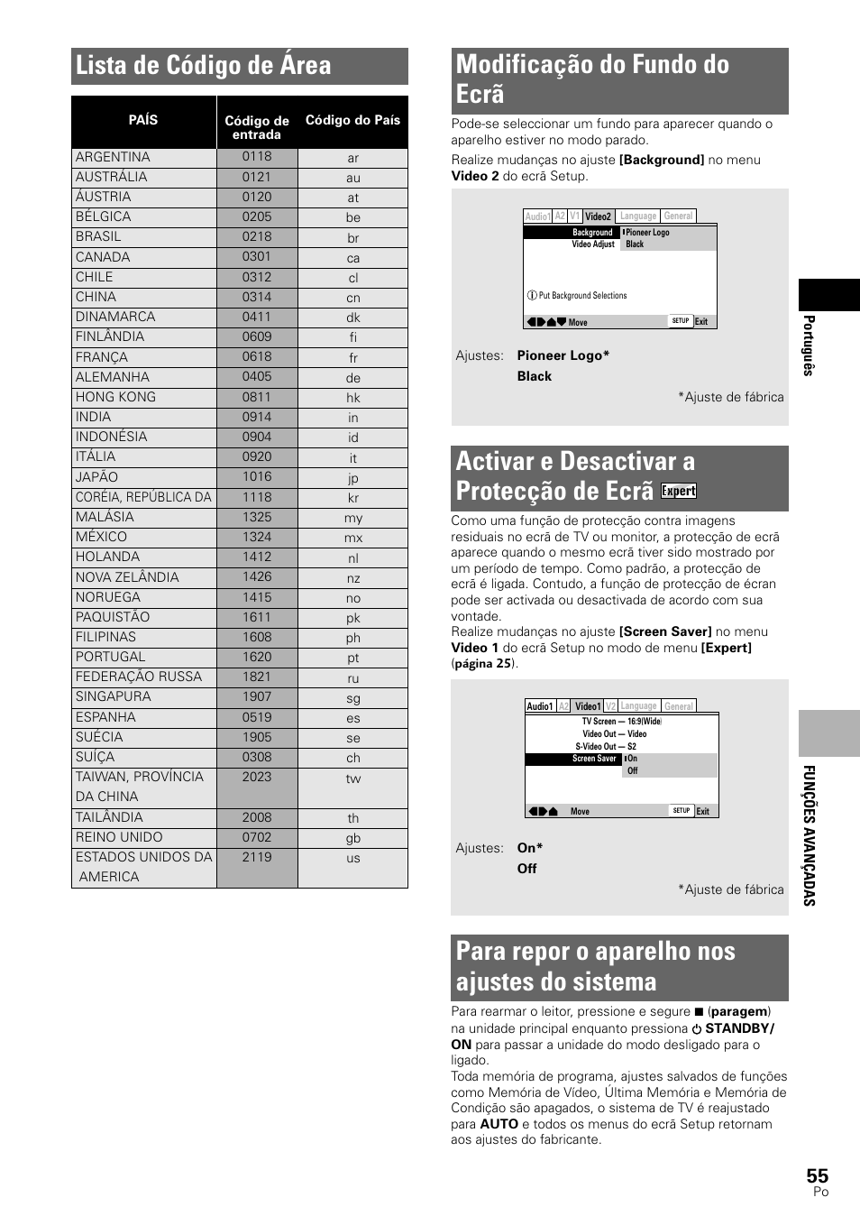 Activar e desactivar a protecção de ecrã, Para repor o aparelho nos ajustes do sistema | Pioneer DV-545 User Manual | Page 121 / 132