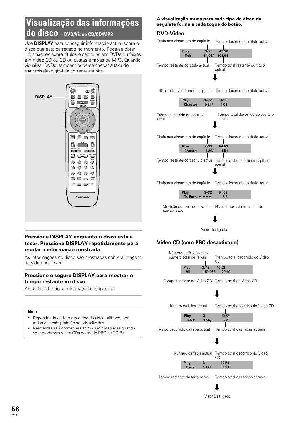 Visualização das informações do disco, Dvd/video cd/cd/mp3, Dvd-video video cd (com pbc desactivado) | Ao soltar o botão, a informação desaparece. nota | Pioneer DV-545 User Manual | Page 122 / 132
