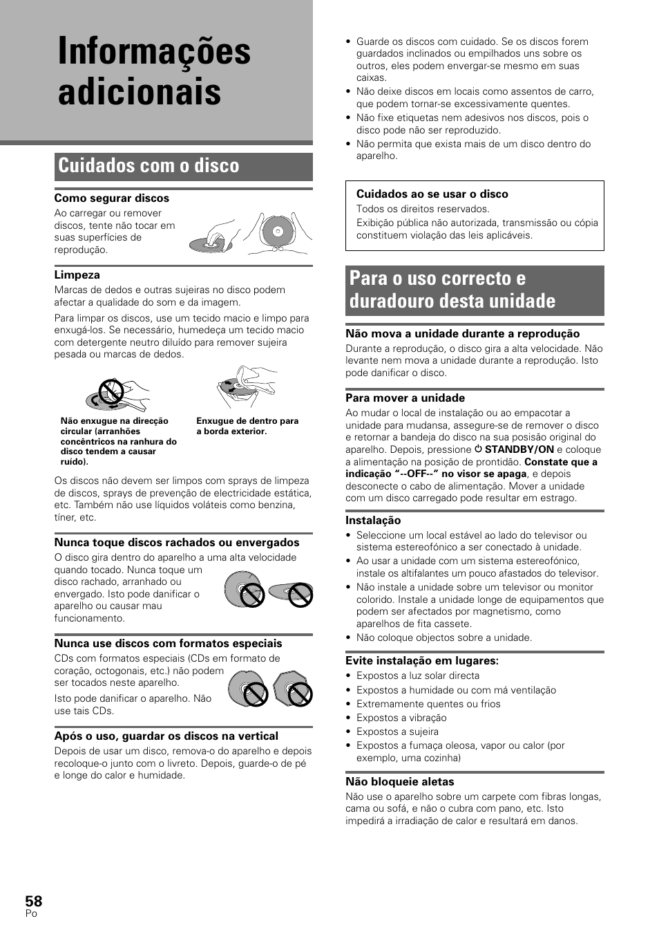 Informações adicionais, Cuidados com o disco, Para o uso correcto e duradouro desta unidade | Pioneer DV-545 User Manual | Page 124 / 132