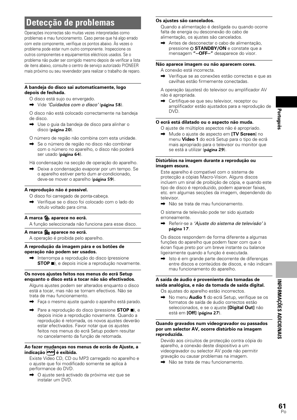 Detecção de problemas | Pioneer DV-545 User Manual | Page 127 / 132