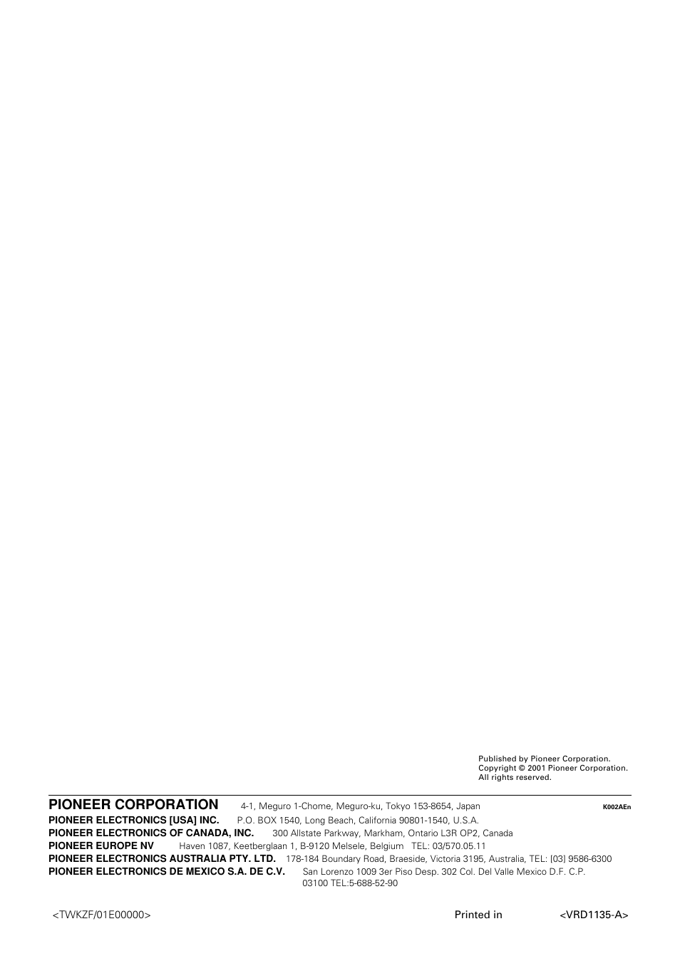 Pioneer corporation | Pioneer DV-545 User Manual | Page 132 / 132