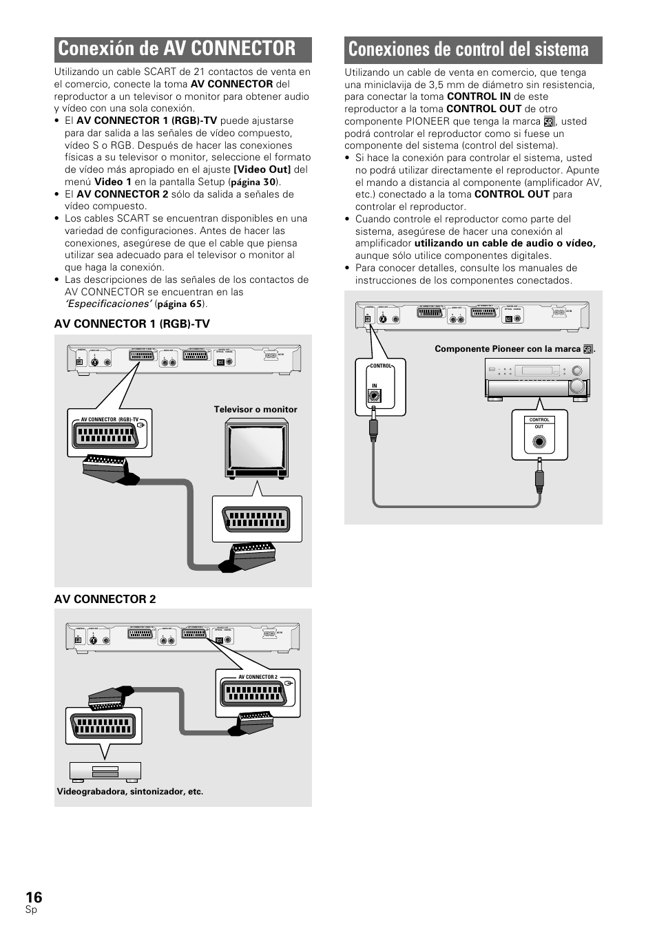 Conexión de av connector, Conexiones de control del sistema, Av connector 1 (rgb)-tv | Av connector 2, Especificaciones, Página 65 ), Televisor o monitor, Componente pioneer con la marca î, Videograbadora, sintonizador, etc | Pioneer DV-545 User Manual | Page 18 / 132