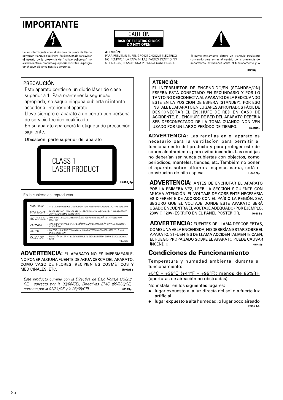 Condiciones de funcionamiento | Pioneer DV-545 User Manual | Page 2 / 132