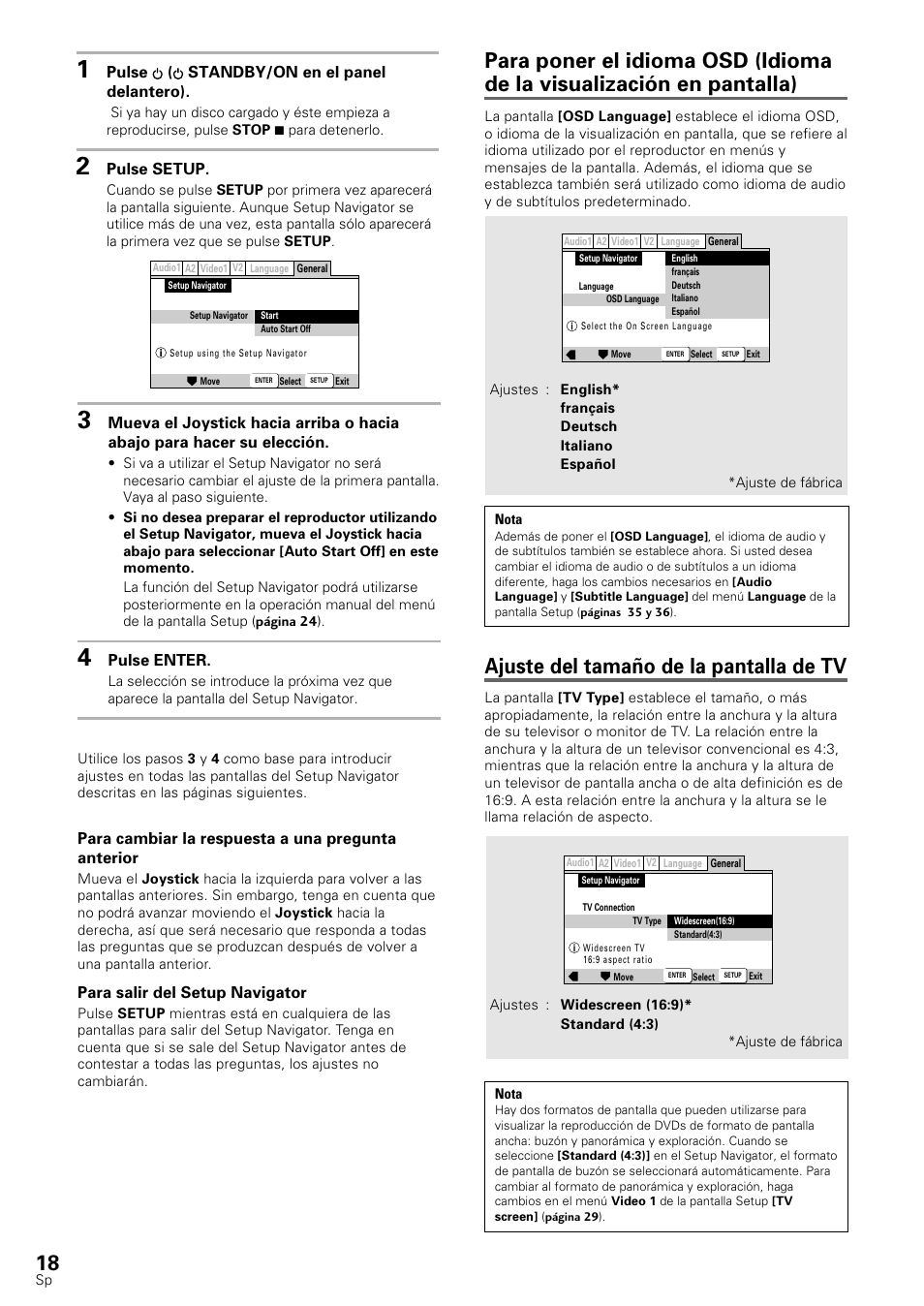 Ajuste del tamaño de la pantalla de tv | Pioneer DV-545 User Manual | Page 20 / 132