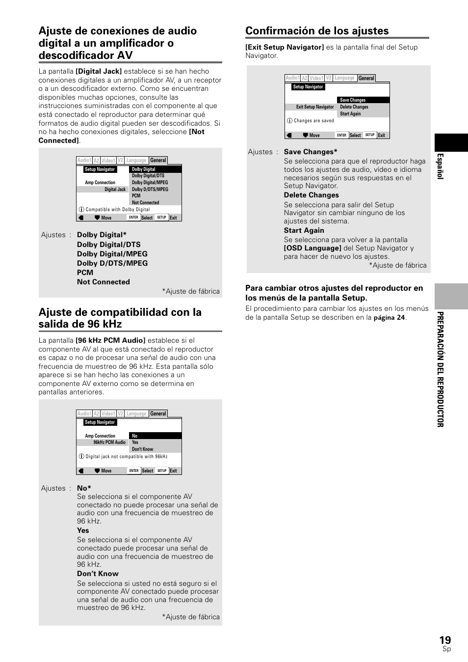 Confirmación de los ajustes, Ajuste de compatibilidad con la salida de 96 khz, Prep araci ó n del reproductor espa ñ ol | Pioneer DV-545 User Manual | Page 21 / 132