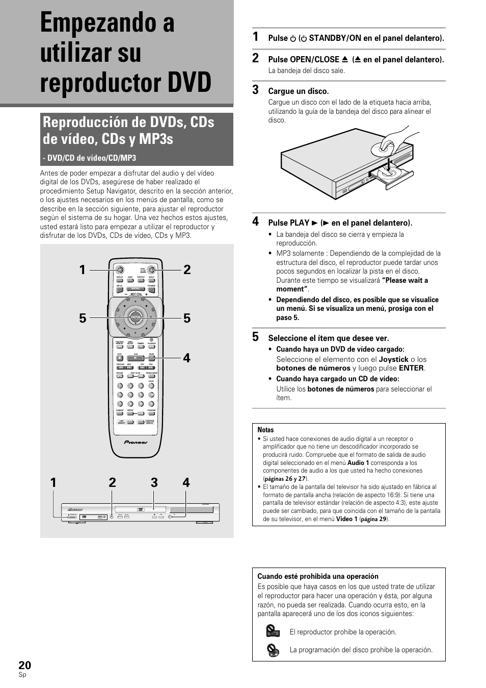 Empezando a utilizar su reproductor dvd, Reproducción de dvds, cds de vídeo, cds y mp3s, Pulse ( standby/on en el panel delantero) | Pulse open/close 0 ( 0 en el panel delantero), Cargue un disco, Pulse play 3 ( 3 en el panel delantero), Seleccione el ítem que desee ver, Dvd/cd de vídeo/cd/mp3, La bandeja del disco sale | Pioneer DV-545 User Manual | Page 22 / 132
