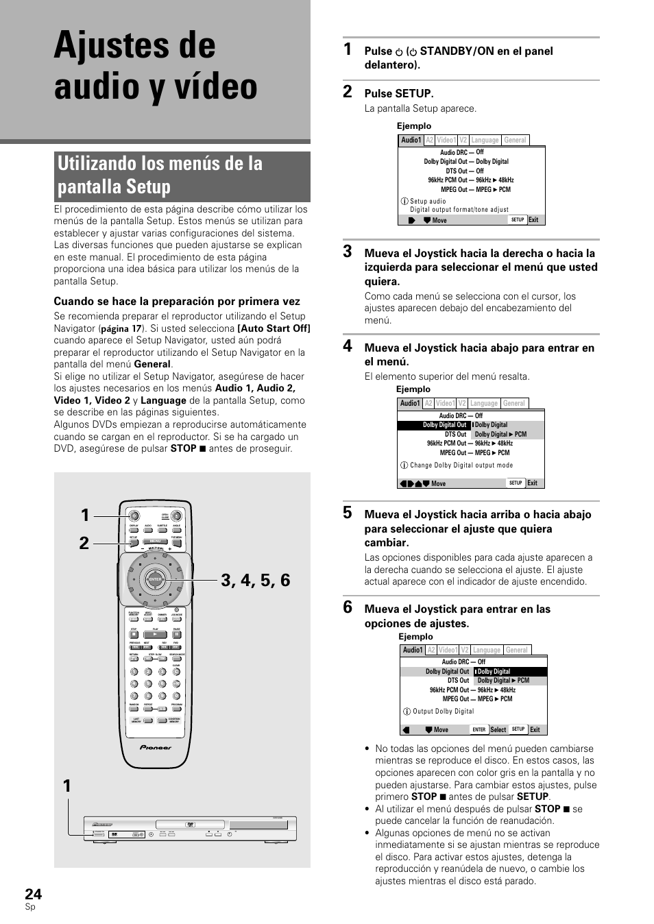 Ajustes de audio y vídeo, Utilizando los menús de la pantalla setup, Cuando se hace la preparación por primera vez | Pulse ( standby/on en el panel delantero), Pulse setup, La pantalla setup aparece, El elemento superior del menú resalta | Pioneer DV-545 User Manual | Page 26 / 132
