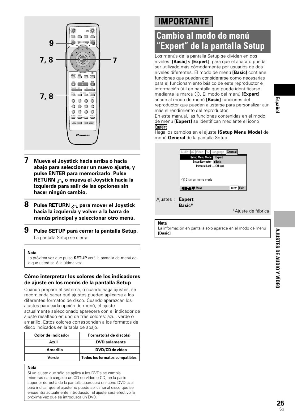 Importante, Espa ñ ol, Ajustes de audio y v ídeo | Pulse setup para cerrar la pantalla setup, La pantalla setup se cierra. nota | Pioneer DV-545 User Manual | Page 27 / 132