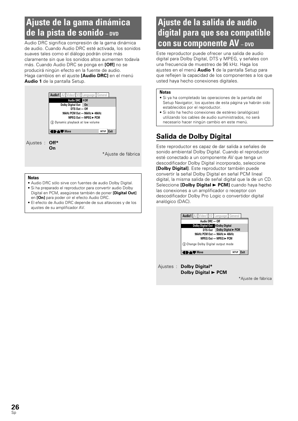 Ajuste de la gama dinámica de la pista de sonido, Salida de dolby digital | Pioneer DV-545 User Manual | Page 28 / 132