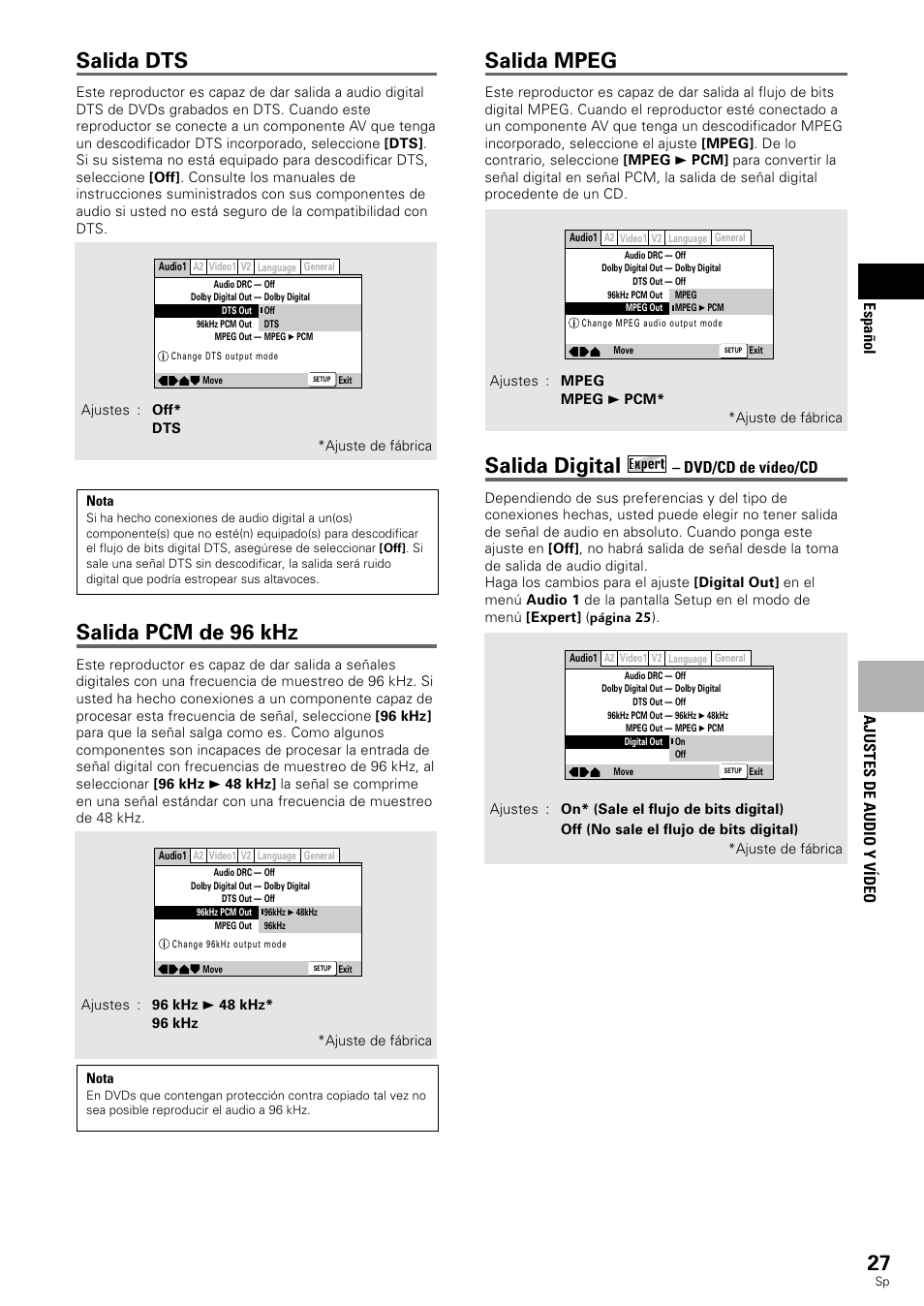 Salida mpeg, Salida digital, Salida dts | Salida pcm de 96 khz, Espa ñ ol, Ajustes de audio y v ídeo, Dvd/cd de vídeo/cd | Pioneer DV-545 User Manual | Page 29 / 132