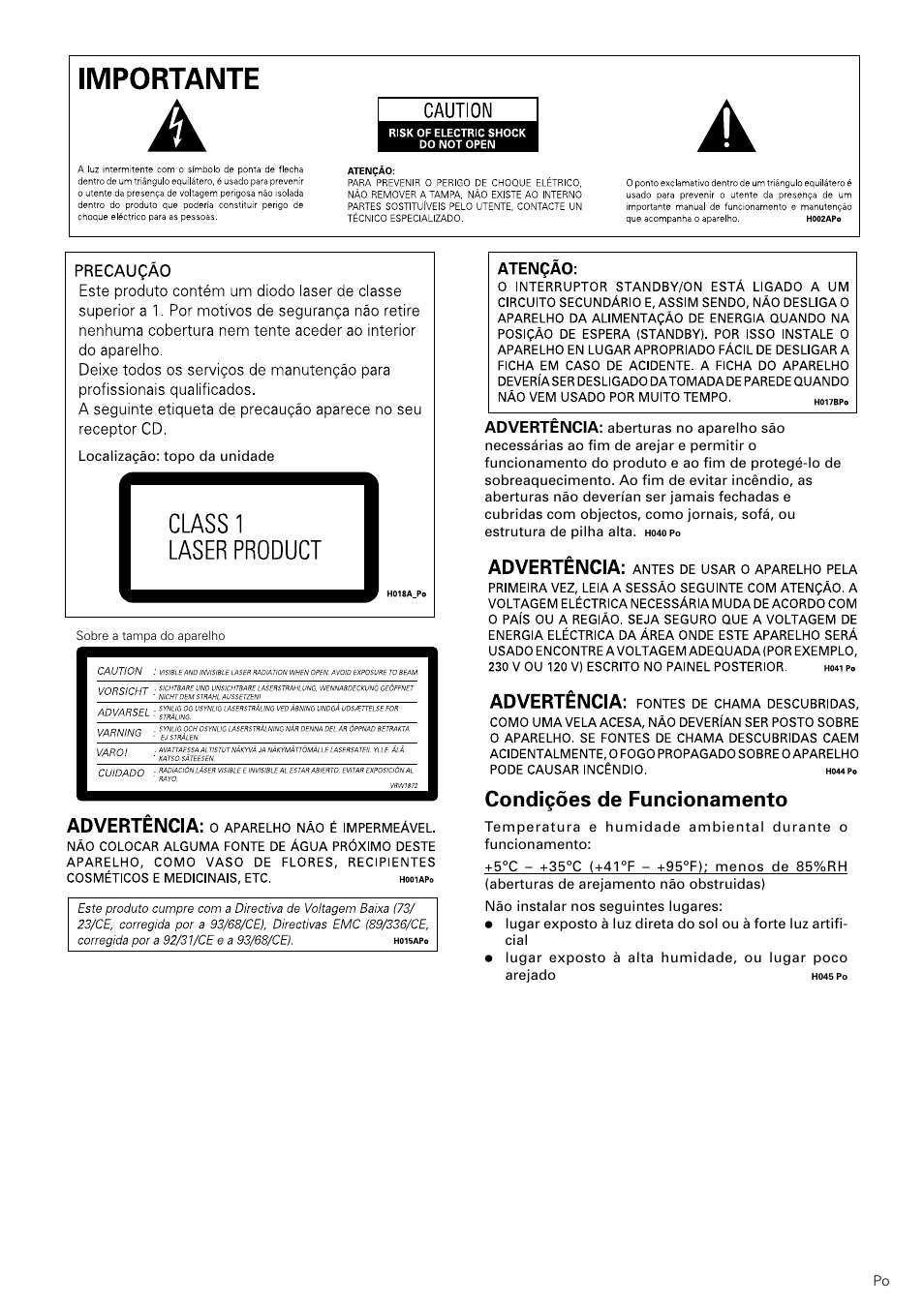 Condições de funcionamento | Pioneer DV-545 User Manual | Page 3 / 132