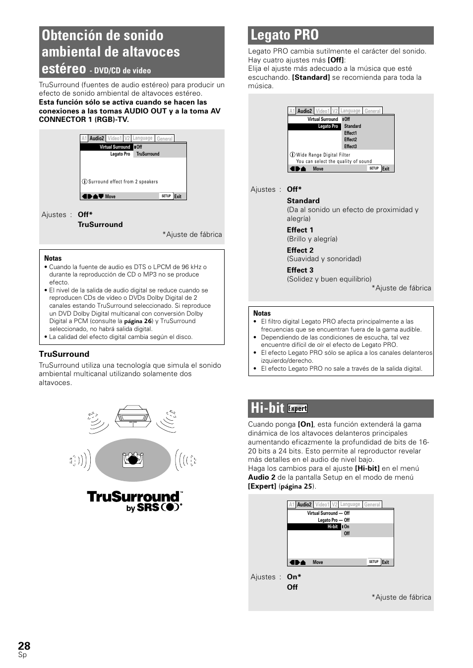 Obtención de sonido ambiental de altavoces estéreo, Legato pro, Hi-bit | Dvd/cd de vídeo, Trusurround | Pioneer DV-545 User Manual | Page 30 / 132