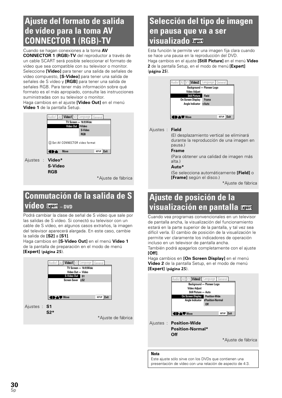 Conmutación de la salida de s vídeo, Ajuste de posición de la visualización en pantalla | Pioneer DV-545 User Manual | Page 32 / 132