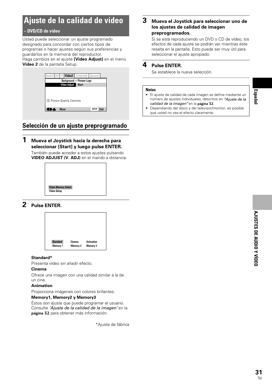 Ajuste de la calidad de vídeo, Selección de un ajuste preprogramado | Pioneer DV-545 User Manual | Page 33 / 132