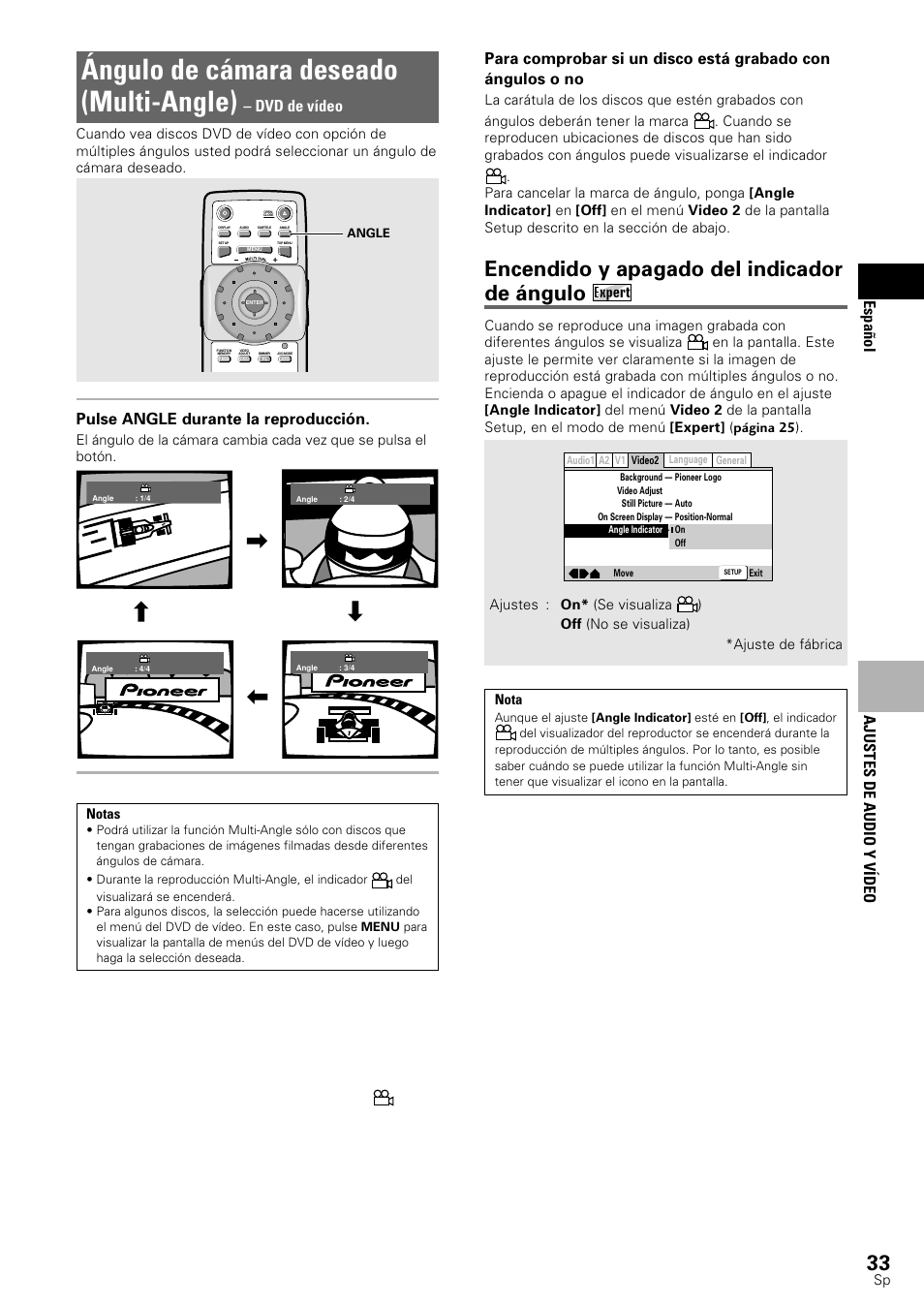 Ángulo de cámara deseado (multi-angle), Encendido y apagado del indicador de ángulo, Ajustes de audio y v ídeo espa ñ ol | Dvd de vídeo, Pulse angle durante la reproducción | Pioneer DV-545 User Manual | Page 35 / 132