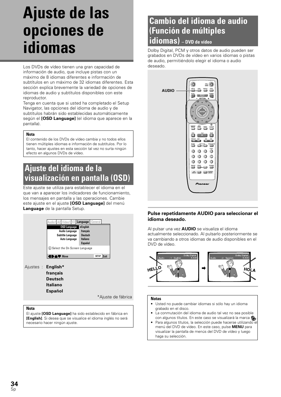 Ajuste de las opciones de idiomas, Dvd de vídeo, Audio | Pioneer DV-545 User Manual | Page 36 / 132