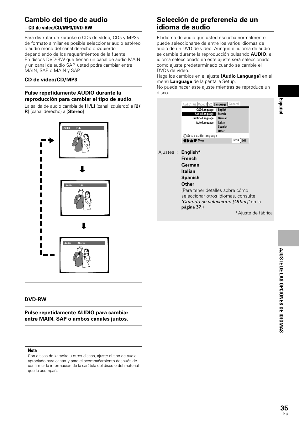 Cambio del tipo de audio, Selección de preferencia de un idioma de audio | Pioneer DV-545 User Manual | Page 37 / 132