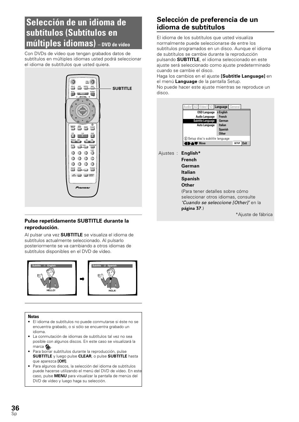 Dvd de vídeo, Cuando se seleccione [other, En la página 37 .) *ajuste de fábrica | Subtitle | Pioneer DV-545 User Manual | Page 38 / 132