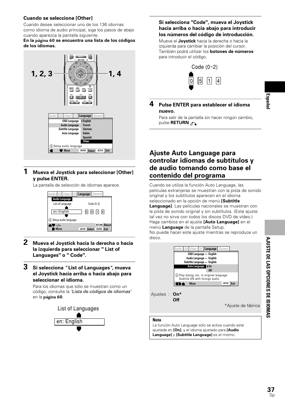 Ajuste de las opciones de idiomas espa ñ ol, Cuando se seleccione [other, Pulse enter para establecer el idioma nuevo | Si selecciona, List of languages, Lista de códigos de idiomas | Pioneer DV-545 User Manual | Page 39 / 132