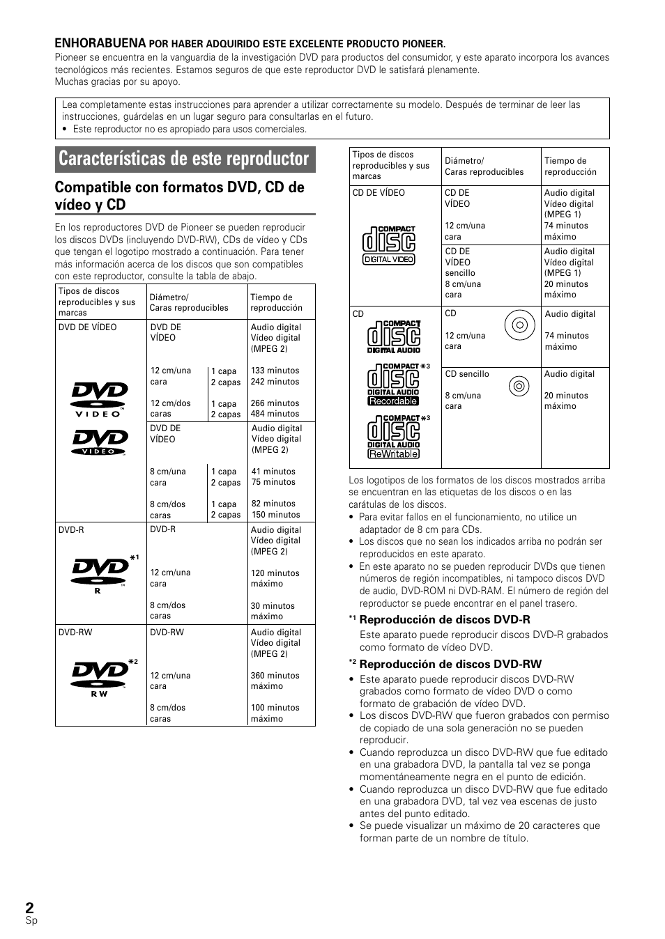 Características de este reproductor, Compatible con formatos dvd, cd de vídeo y cd, Enhorabuena | Pioneer DV-545 User Manual | Page 4 / 132