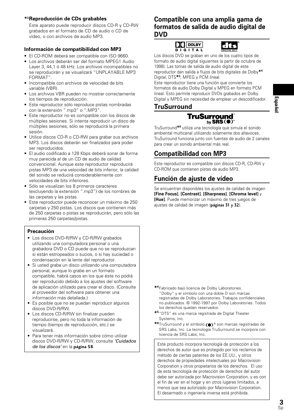 Trusurround, Compatibilidad con mp3, Función de ajuste de vídeo | Pioneer DV-545 User Manual | Page 5 / 132