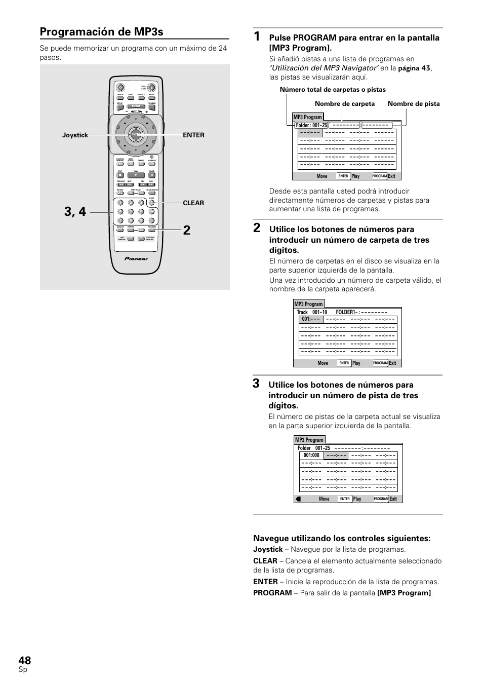 Programación de mp3s, Navegue utilizando los controles siguientes, Utilización del mp3 navigator | Si añadió pistas a una lista de programas en | Pioneer DV-545 User Manual | Page 50 / 132