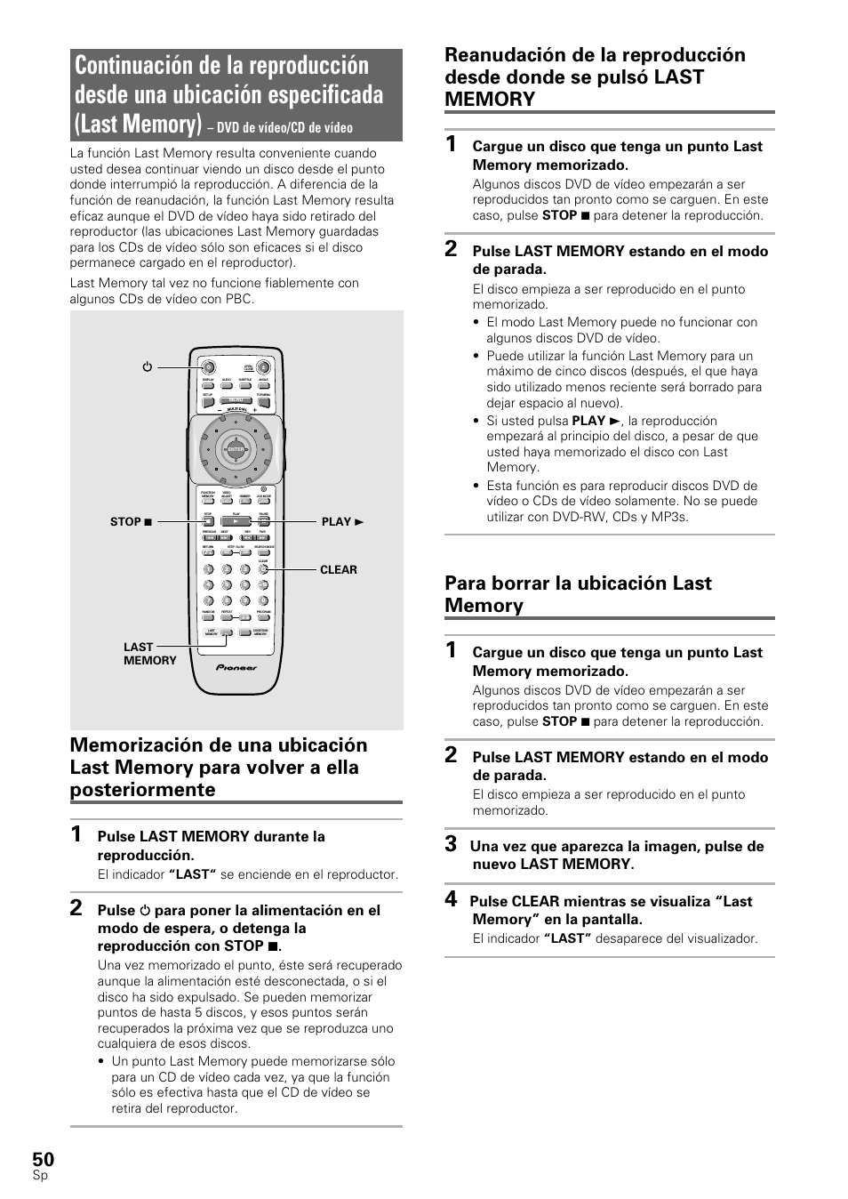 Dvd de vídeo/cd de vídeo, El indicador “last“ se enciende en el reproductor, El indicador “last” desaparece del visualizador | Pioneer DV-545 User Manual | Page 52 / 132