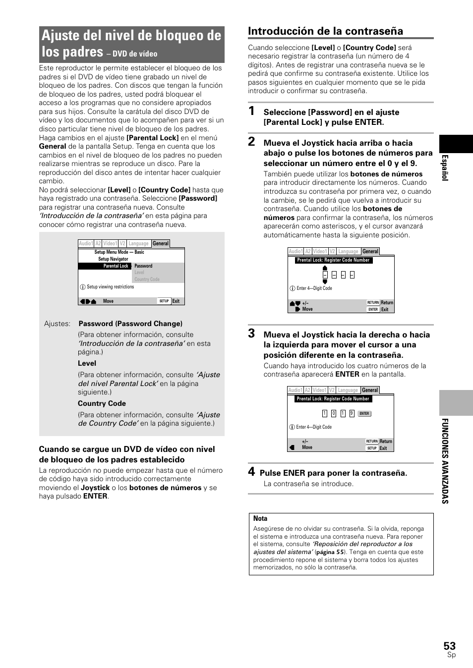 Ajuste del nivel de bloqueo de los padres, Introducción de la contraseña | Pioneer DV-545 User Manual | Page 55 / 132