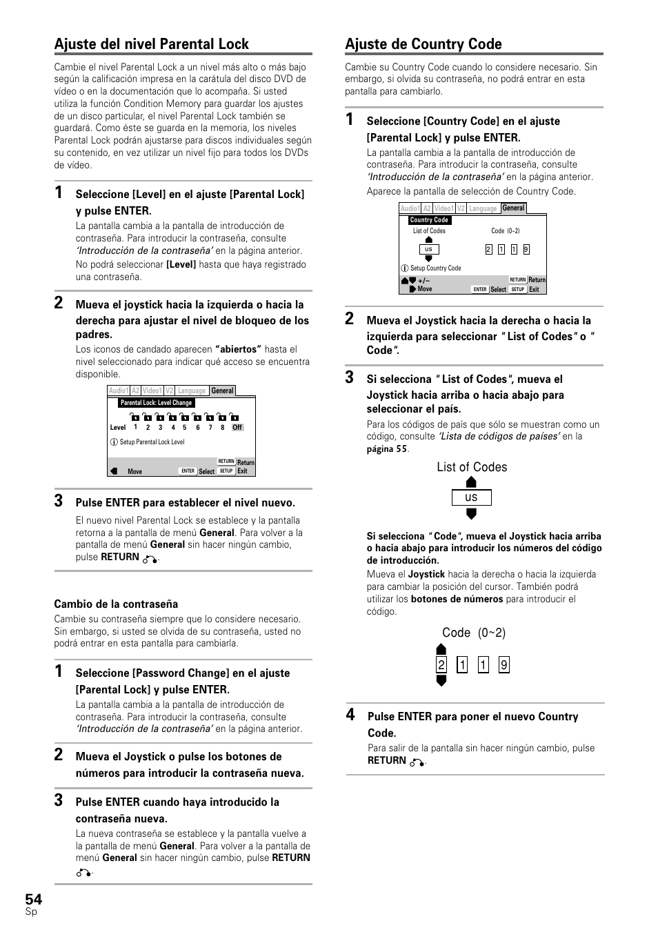 Ajuste del nivel parental lock, Ajuste de country code | Pioneer DV-545 User Manual | Page 56 / 132