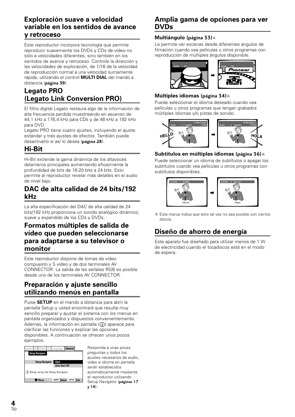 Amplia gama de opciones para ver dvds, Diseño de ahorro de energía, Legato pro (legato link conversion pro) | Hi-bit | Pioneer DV-545 User Manual | Page 6 / 132