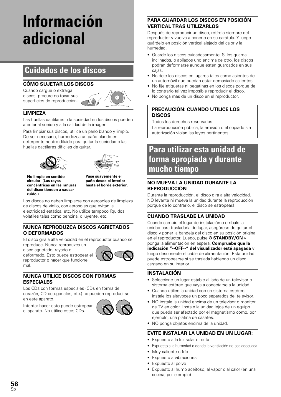 Información adicional, Cuidados de los discos | Pioneer DV-545 User Manual | Page 60 / 132