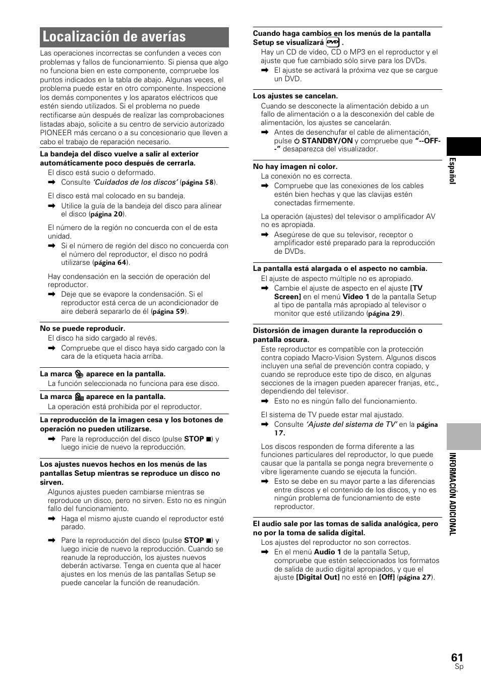 Localización de averías | Pioneer DV-545 User Manual | Page 63 / 132